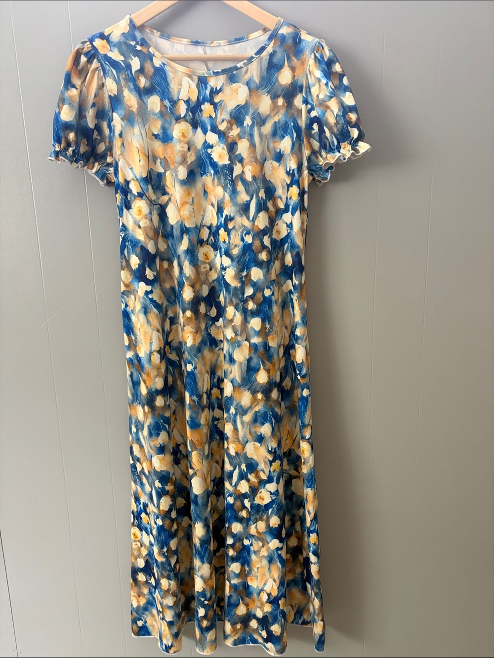 Blue and Yellow Floral Short-Sleeve Maxi Dress - Women Spring Summer